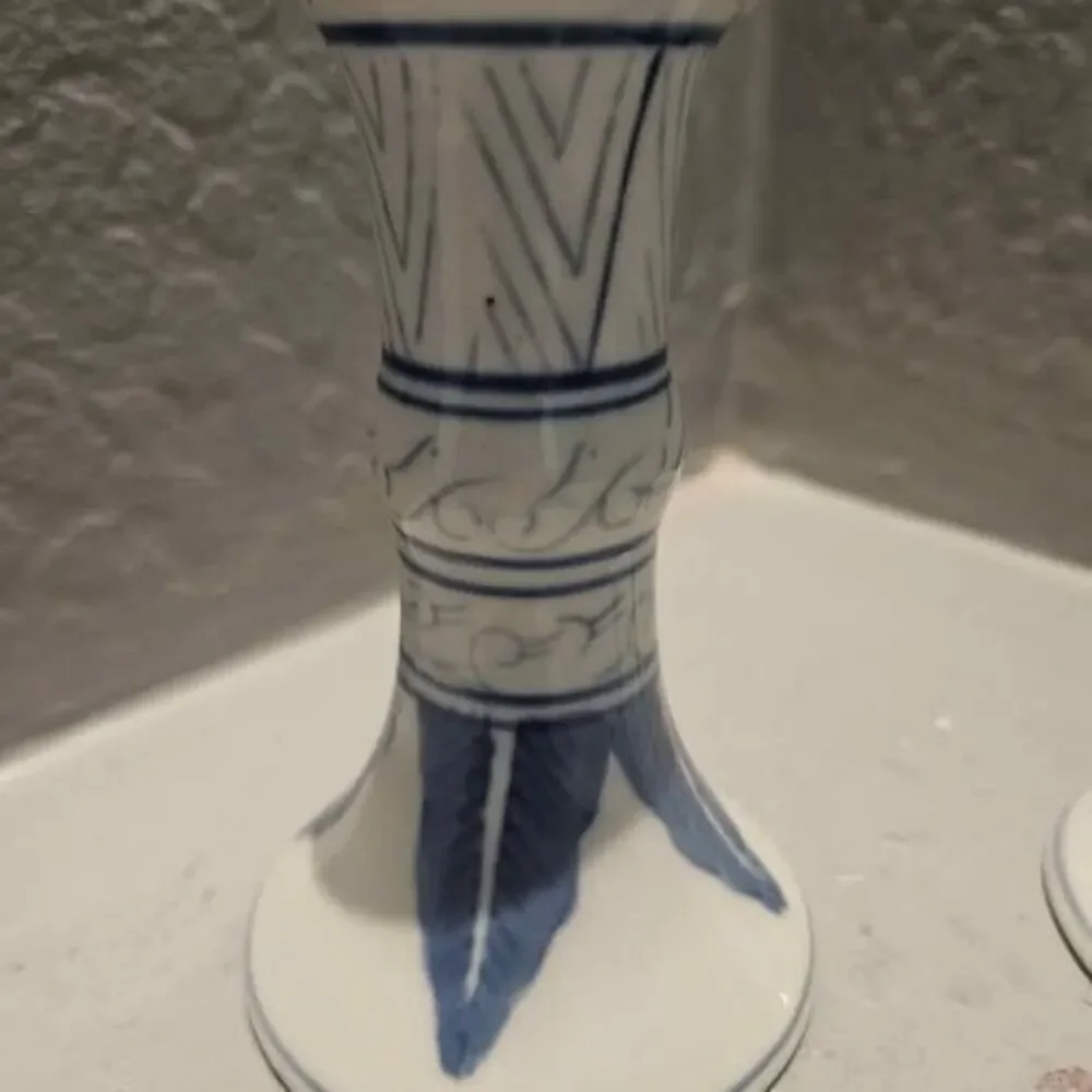 Williams Sonoma Ceramic Blue and White Candlesticks Set of 2 5